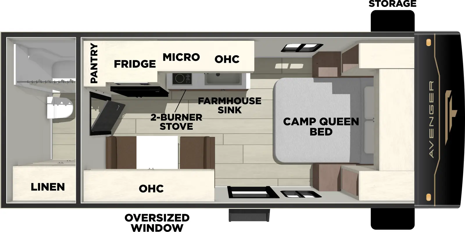 The Avenger 16RBX floorplan has one entry and zero slide outs. Exterior features include: metal exterior. Interiors features include: front bedroom and rear bathroom.